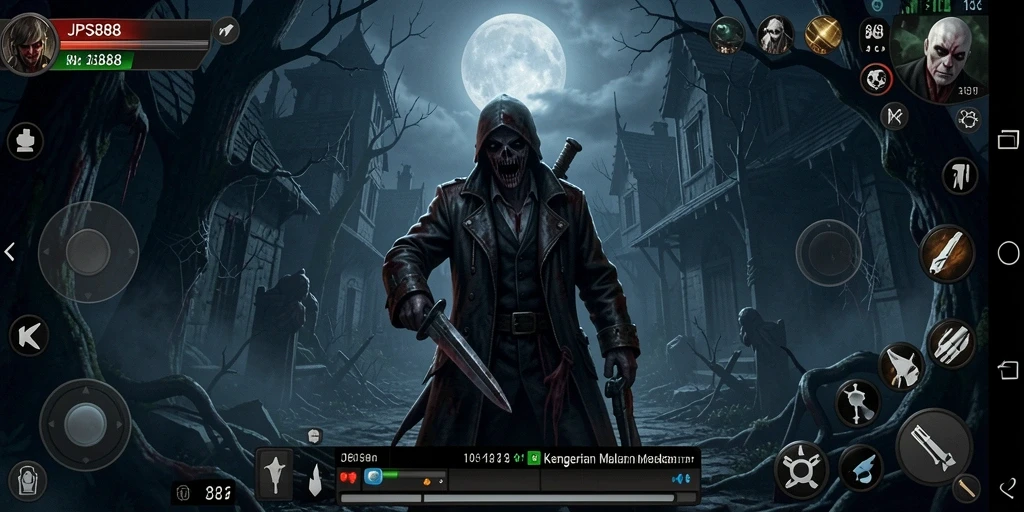 Tampilan gameplay menyeramkan dari JPS888 dengan efek visual menakutkan.