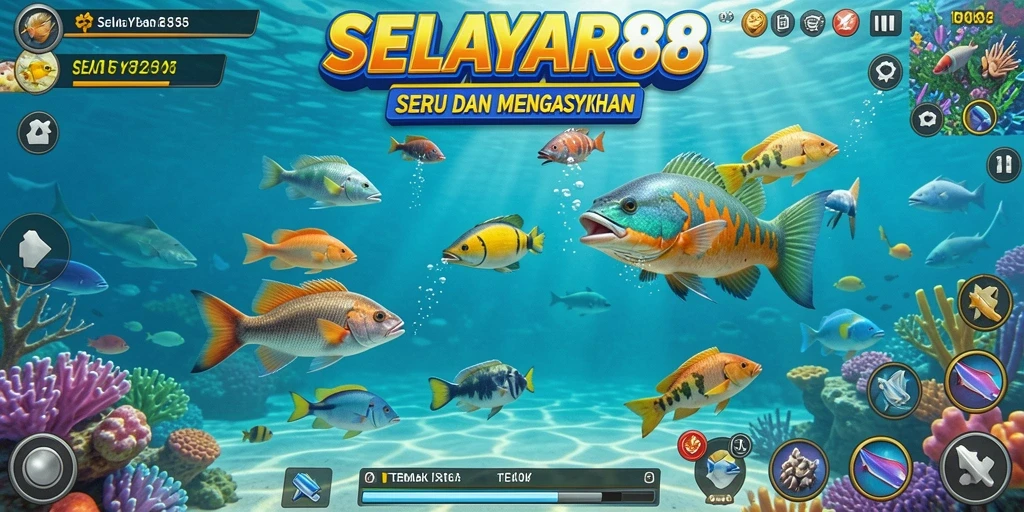 Tampilan layar permainan tembak ikan yang seru dan penuh warna.